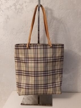 Burberry Plaid Beige Tote Bag with Tan Straps